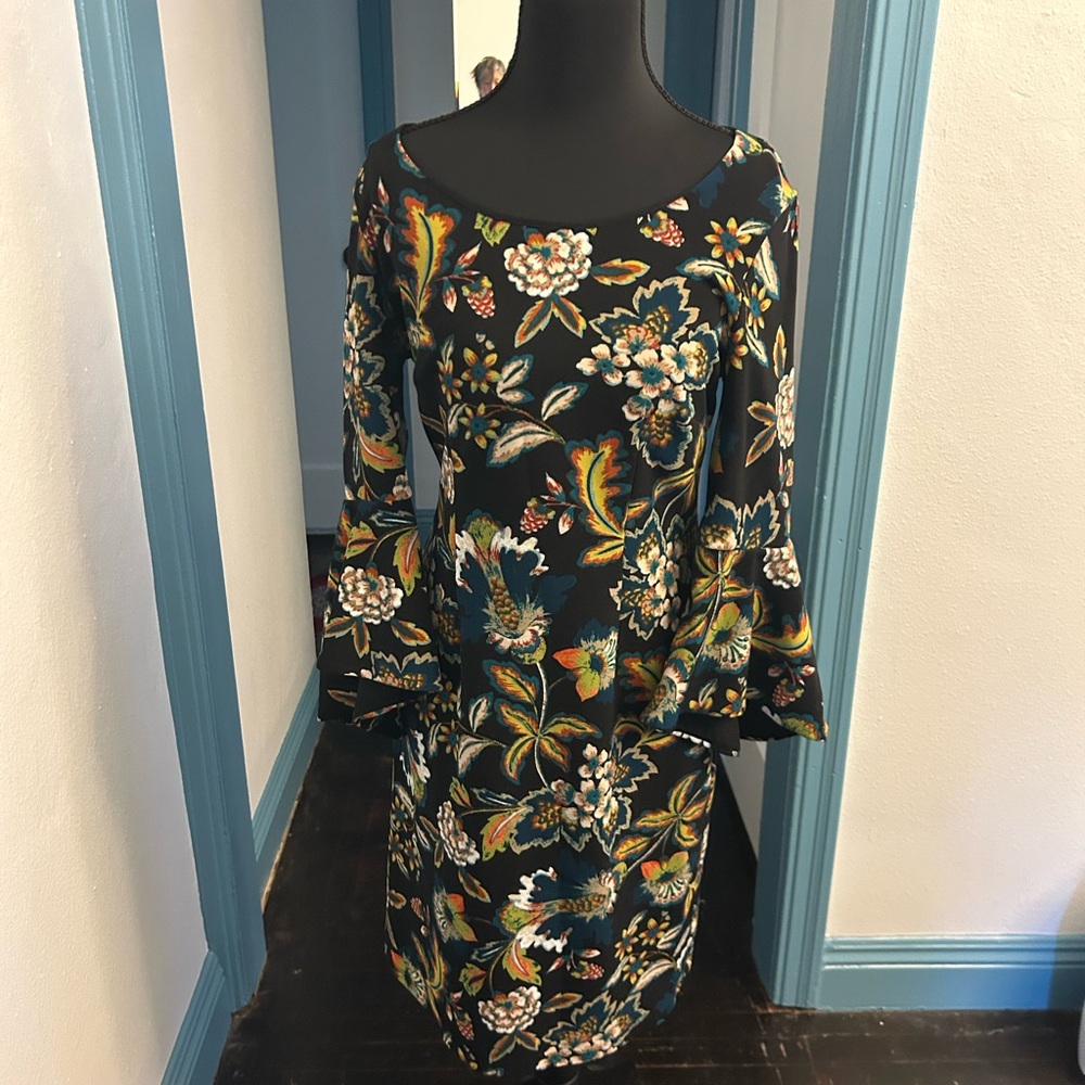 INC International Concepts White and Yellow Asymmetrical Bell Sleeve Dress